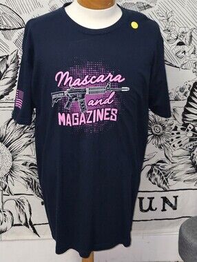 NWT Shield Republic 'Mascara and Magazines' Graphic Tee - Navy with Pink Print